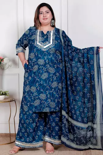  plus size women's gota patti cotton kurta paired with palazzo and dupatta