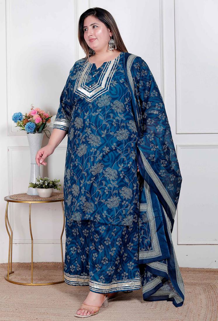  plus size women's gota patti cotton kurta paired with palazzo and dupatta