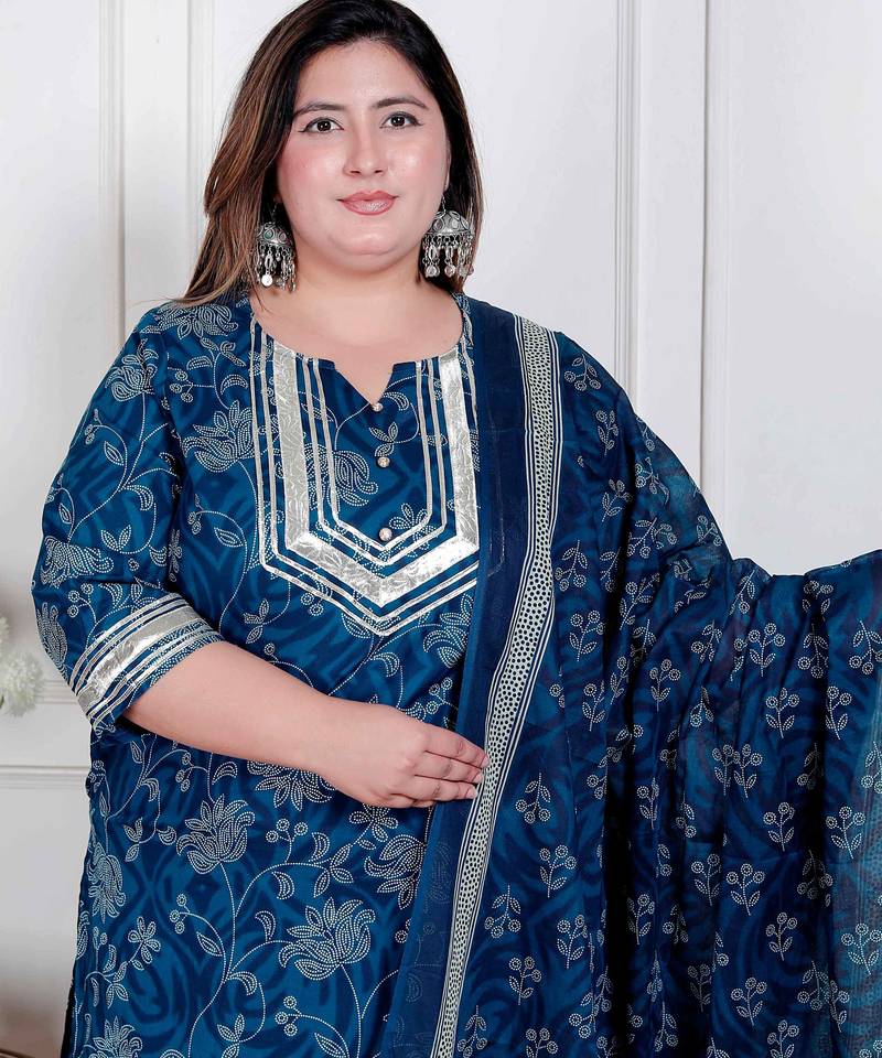  plus size women's gota patti cotton kurta paired with palazzo and dupatta