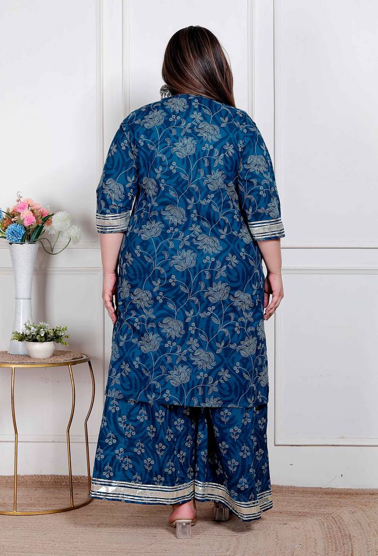  plus size women's gota patti cotton kurta paired with palazzo and dupatta