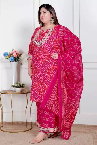  plus size women's pink bandhani printed straight kurta with palazzo & dupatta