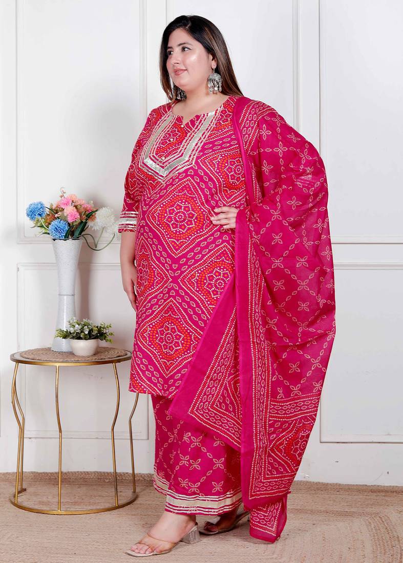  plus size women's pink bandhani printed straight kurta with palazzo & dupatta