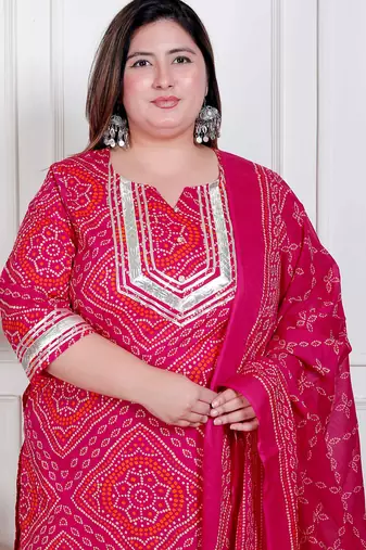  plus size women's pink bandhani printed straight kurta with palazzo & dupatta