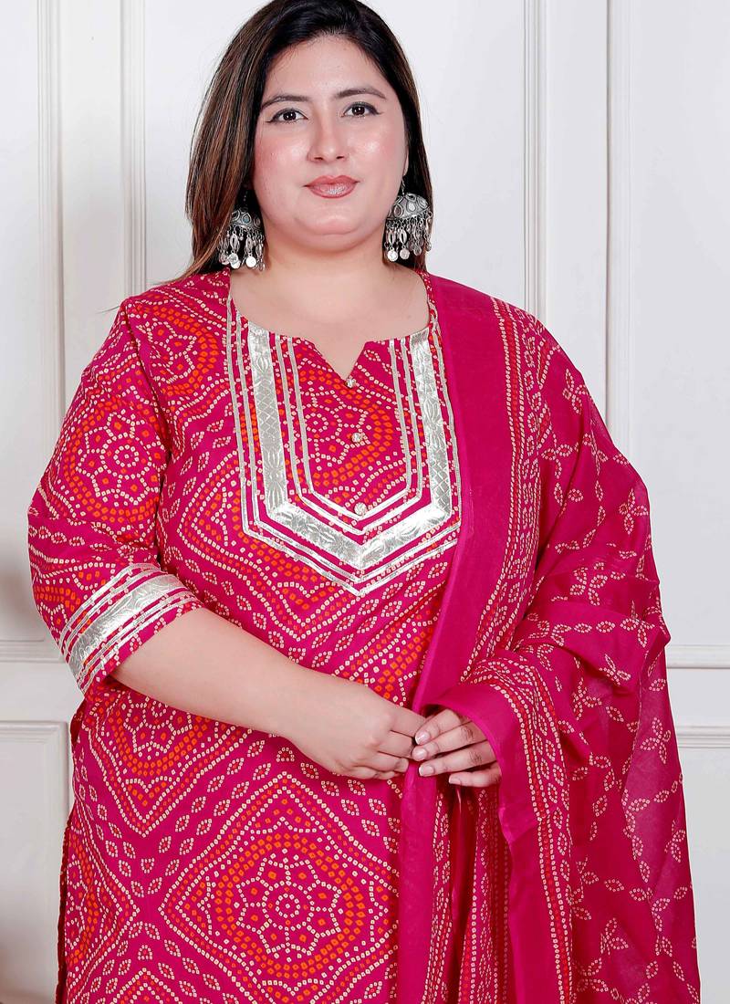  plus size women's pink bandhani printed straight kurta with palazzo & dupatta