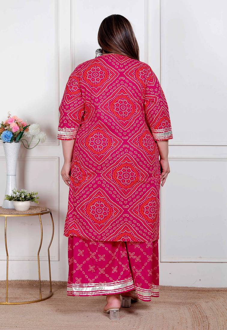  plus size women's pink bandhani printed straight kurta with palazzo & dupatta