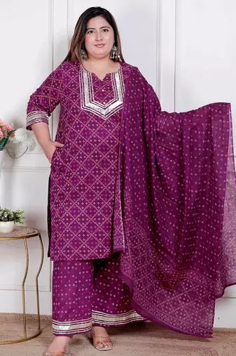  plus size magenta embroidered cotton kurta with palazzo and dupatta