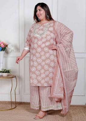  plus size women brown floral printed cotton straight ethnic kurta with palazzo and dupatta 2