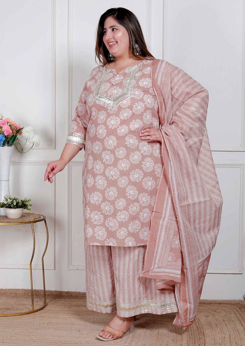  plus size women brown floral printed cotton straight ethnic kurta with palazzo and dupatta