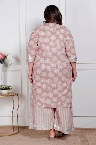  plus size women brown floral printed cotton straight ethnic kurta with palazzo and dupatta