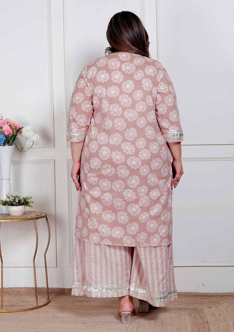  plus size women brown floral printed cotton straight ethnic kurta with palazzo and dupatta