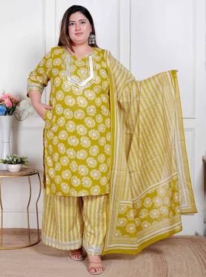  plus size women's lime yellow embroidered straight kurta with palazzo and dupatta 1