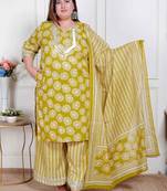  plus size women's lime yellow embroidered straight kurta with palazzo and dupatta