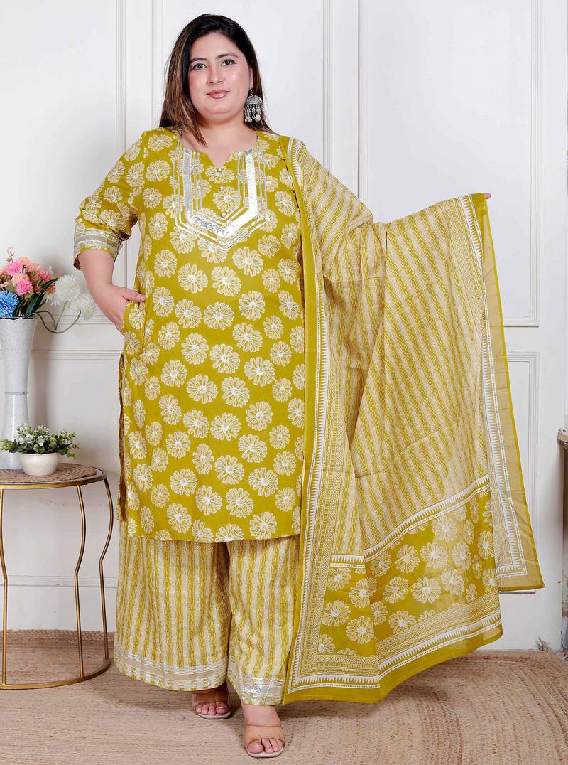  plus size women's lime yellow embroidered straight kurta with palazzo and dupatta