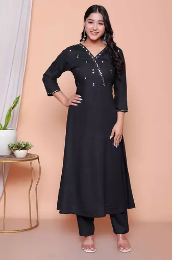  womens black mirror work angrakha kurta and palazzo set