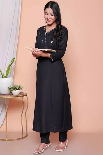  womens black mirror work angrakha kurta and palazzo set