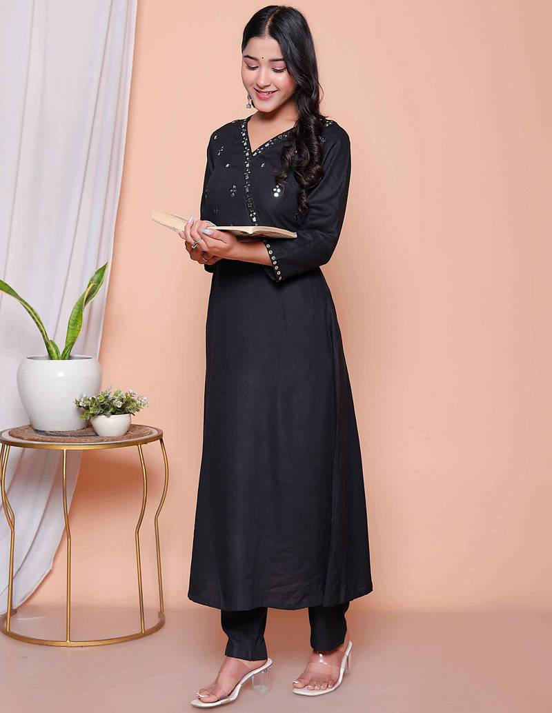  womens black mirror work angrakha kurta and palazzo set