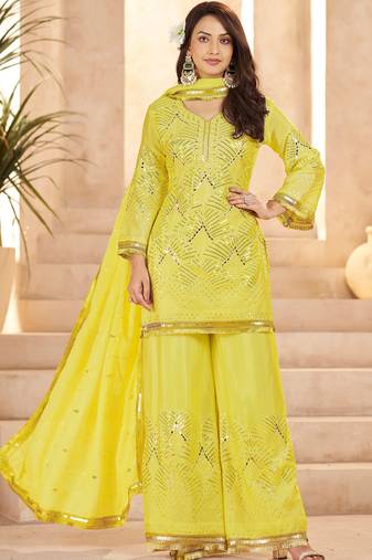 Fabulous Yellow Mirror Work Chinon Eid Special Palazzo Suit With Dupatta