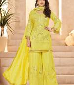 Fabulous Yellow Mirror Work Chinon Eid Special Palazzo Suit With Dupatta