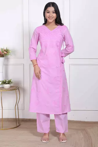  womens pink lucknowi angrakha style kurta with palazzo