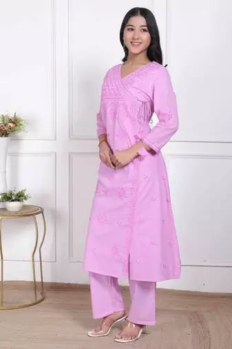  womens pink lucknowi angrakha style kurta with palazzo