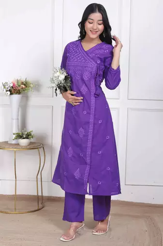 womens purple floral printed angrakha style kurta with palazzo