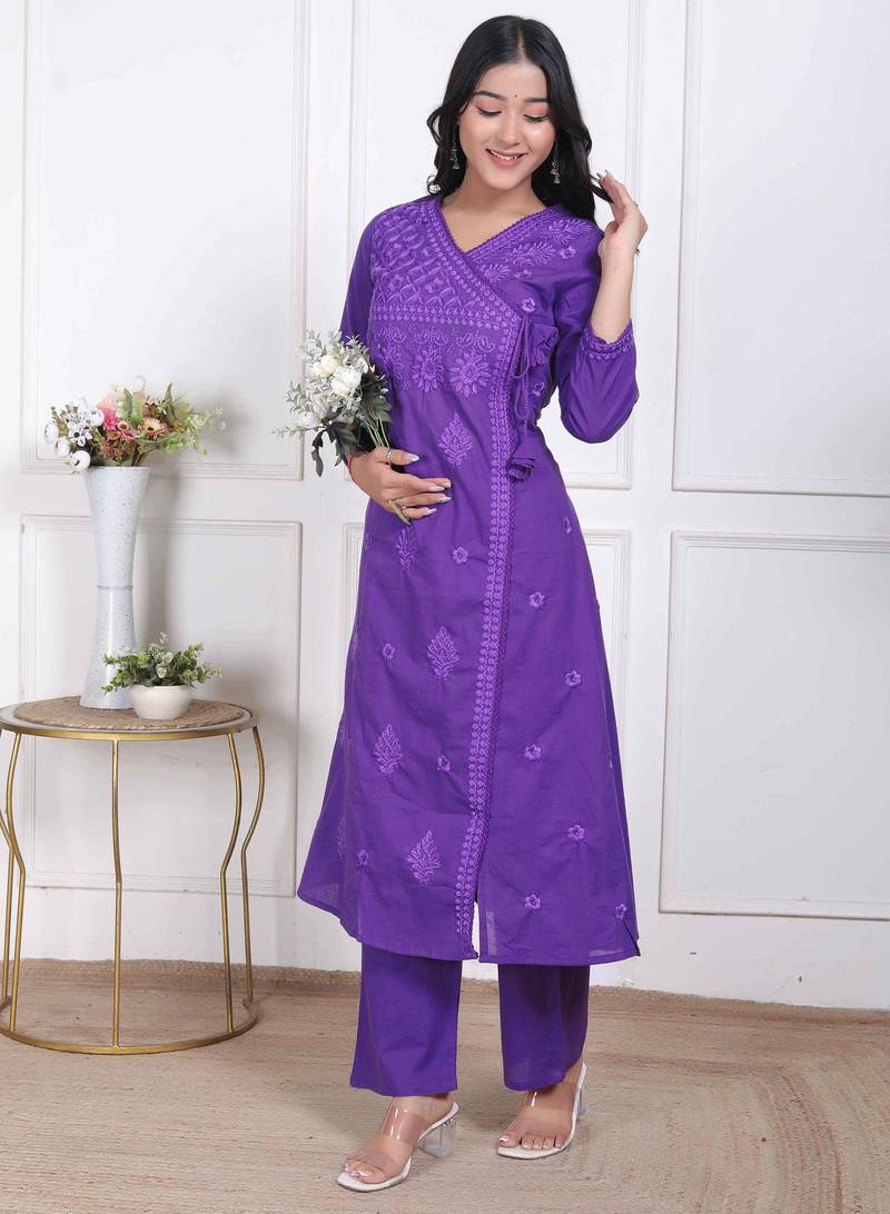  womens purple floral printed angrakha style kurta with palazzo