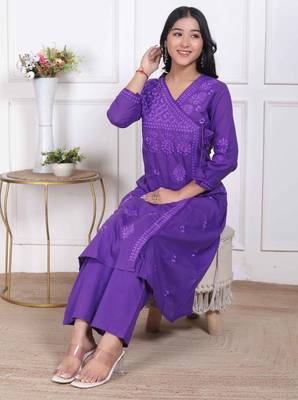  womens purple floral printed angrakha style kurta with palazzo 3