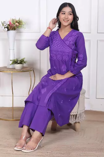 womens purple floral printed angrakha style kurta with palazzo