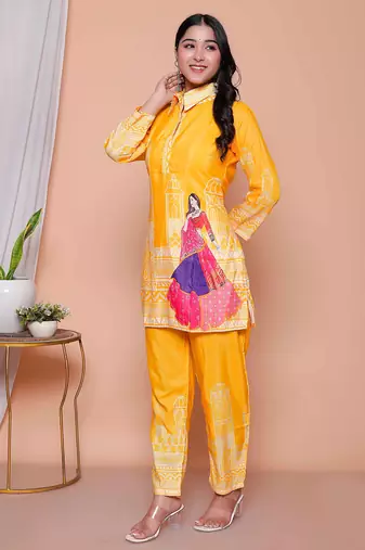  womens yellow digital printed kurta set
