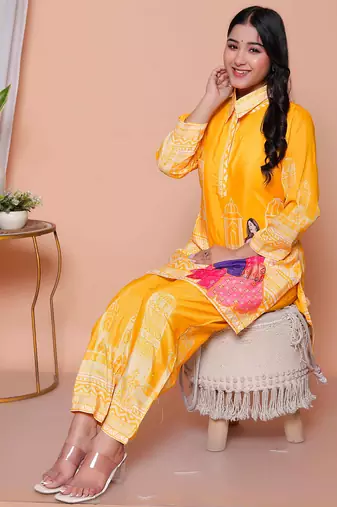  womens yellow digital printed kurta set
