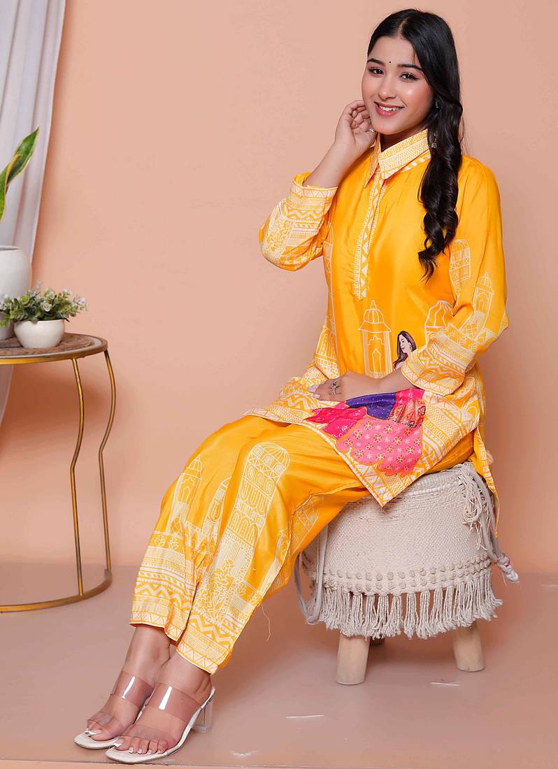  womens yellow digital printed kurta set