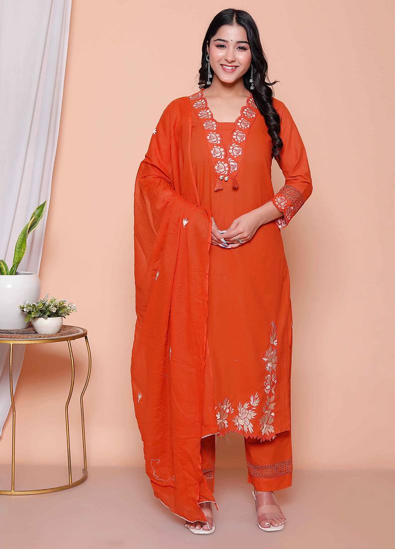  womens embroidered cotton kurta with palazzo & dupatta set