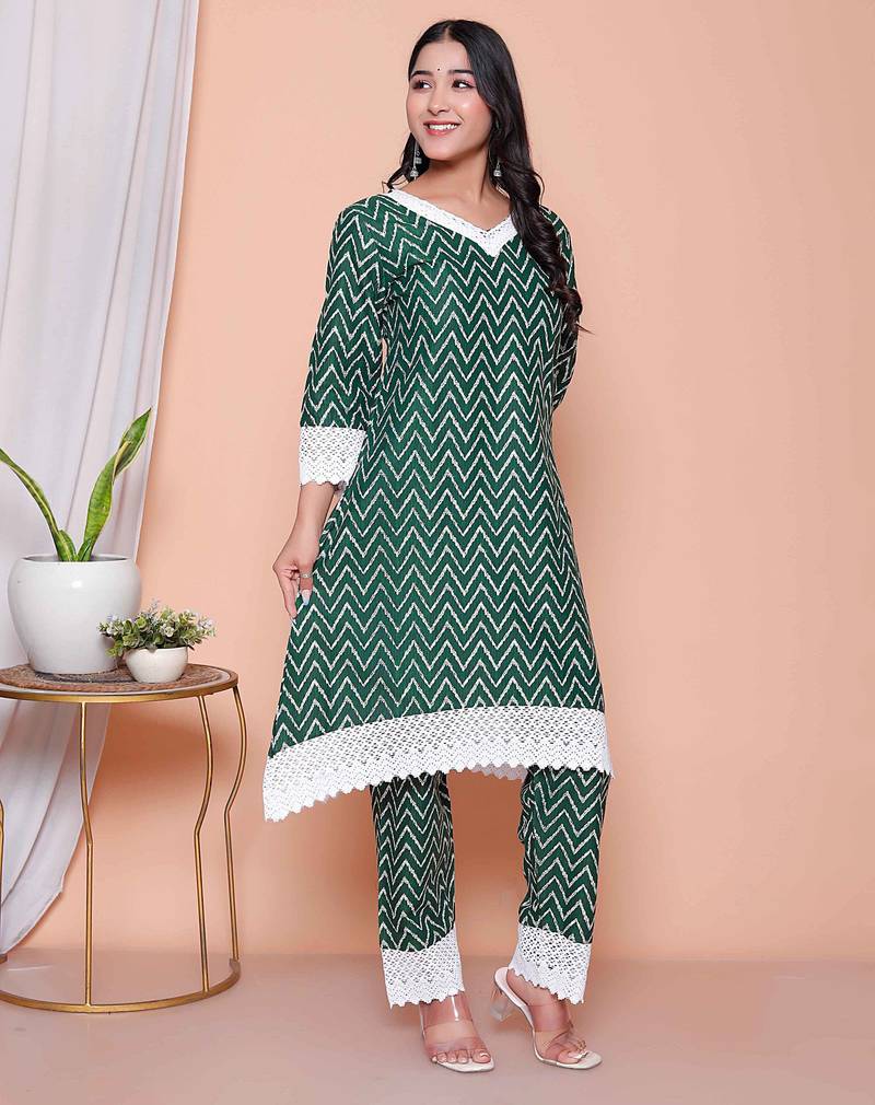  womens green rayon zigzag print kurta with palazzo set