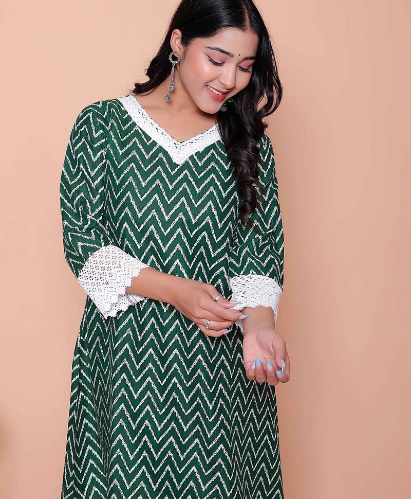  womens green rayon zigzag print kurta with palazzo set