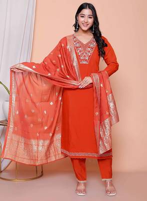  womens orange embroidery straight kurta with palazzo and dupatta set 1