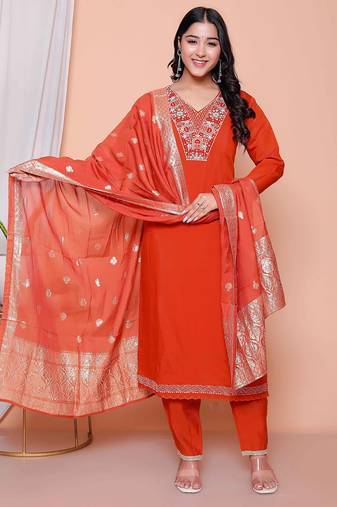  womens orange embroidery straight kurta with palazzo and dupatta set