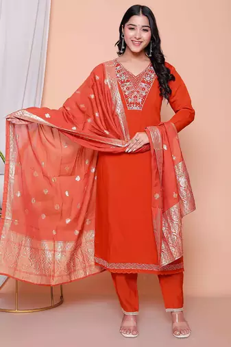  womens orange embroidery straight kurta with palazzo and dupatta set