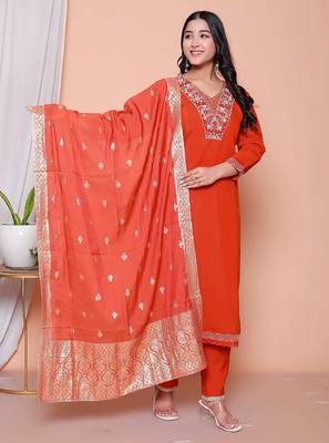  womens orange embroidery straight kurta with palazzo and dupatta set 2