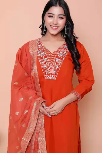  womens orange embroidery straight kurta with palazzo and dupatta set