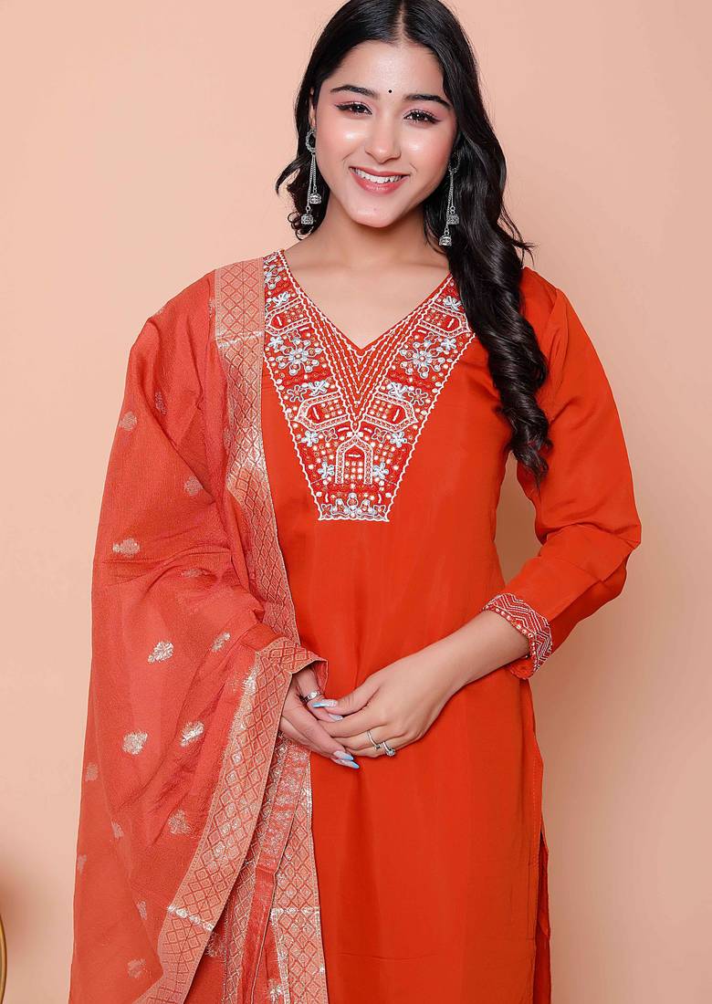  womens orange embroidery straight kurta with palazzo and dupatta set
