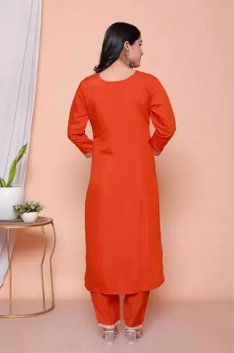  womens orange embroidery straight kurta with palazzo and dupatta set