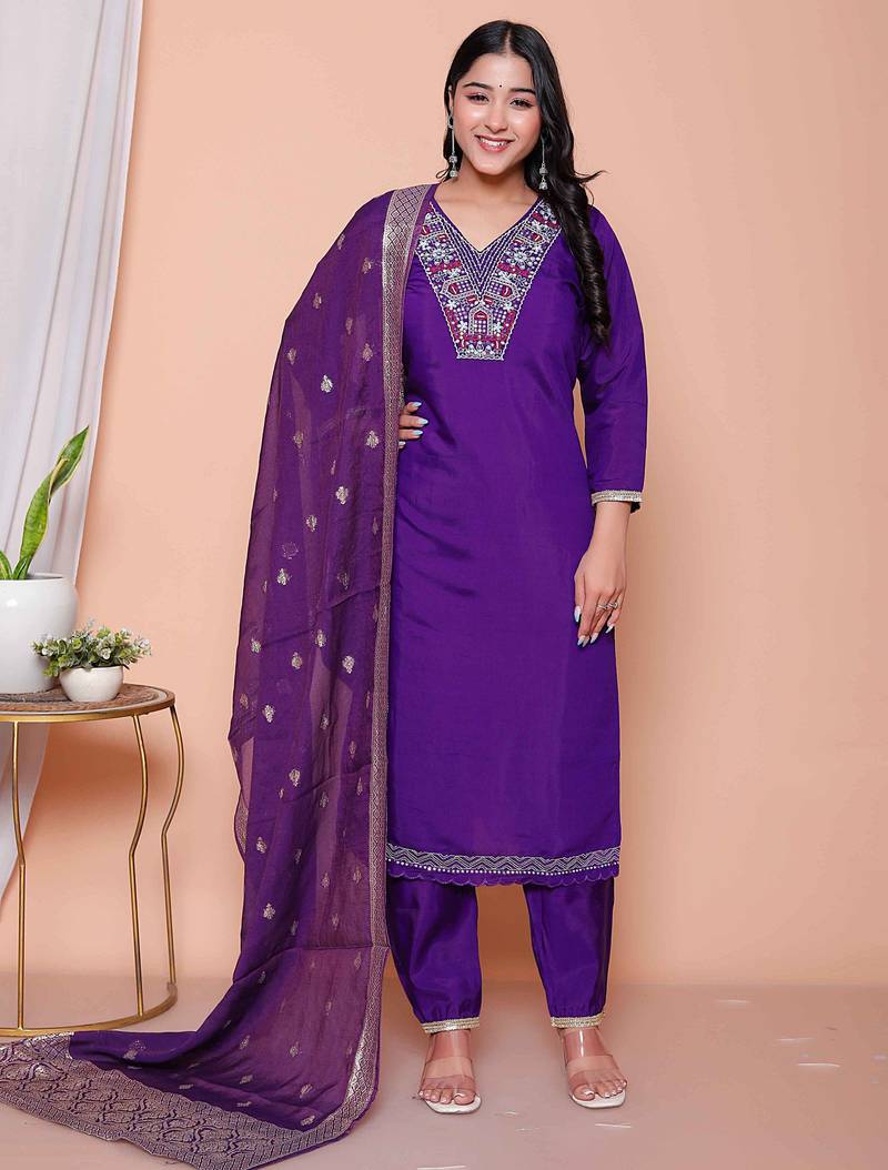  womens purple muslin stright kurta and palazzo with dupatta suit set