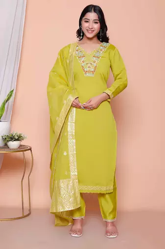  womens muslin yellow  kurta and palazzo with dupatta set