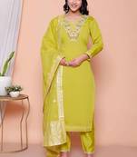  womens muslin yellow  kurta and palazzo with dupatta set
