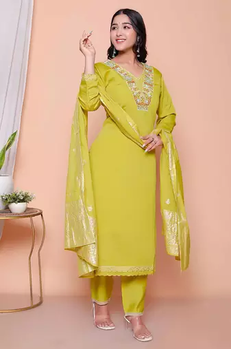  womens muslin yellow  kurta and palazzo with dupatta set