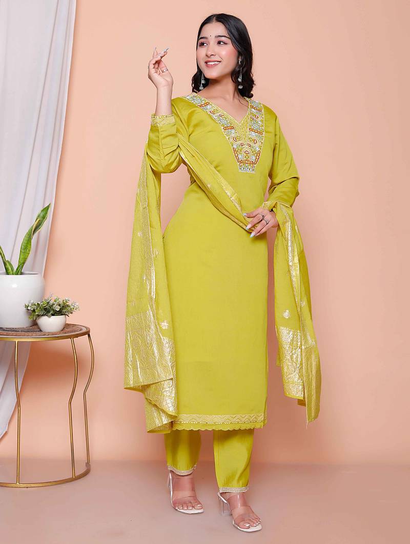  womens muslin yellow  kurta and palazzo with dupatta set