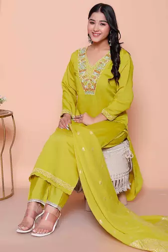 womens muslin yellow  kurta and palazzo with dupatta set