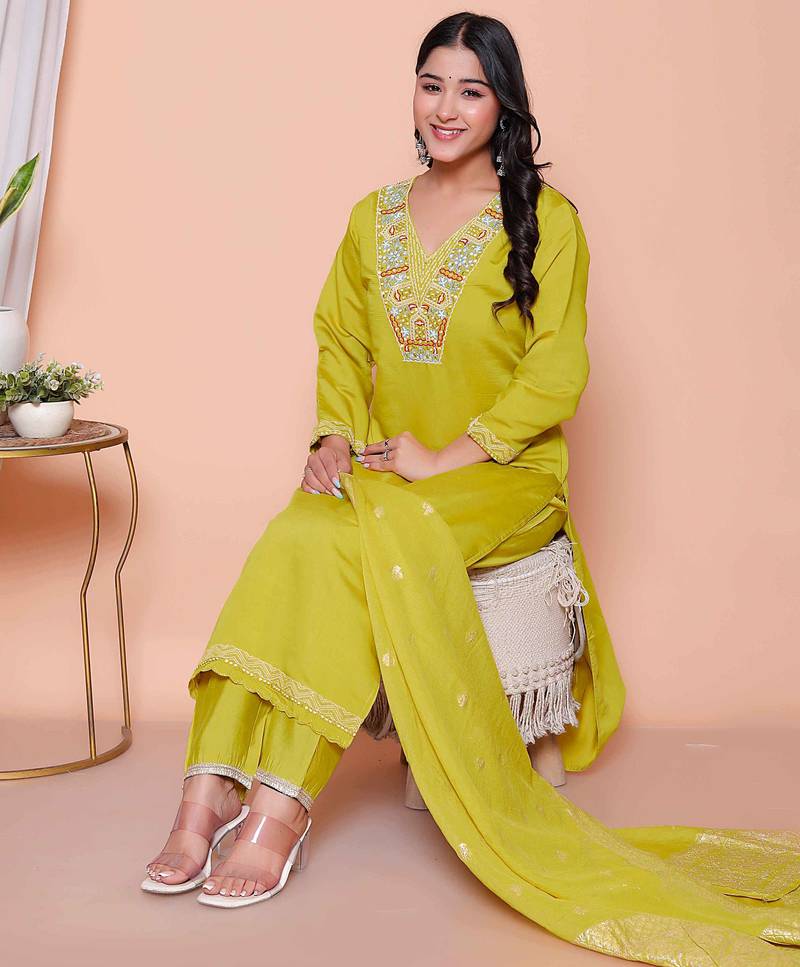  womens muslin yellow  kurta and palazzo with dupatta set
