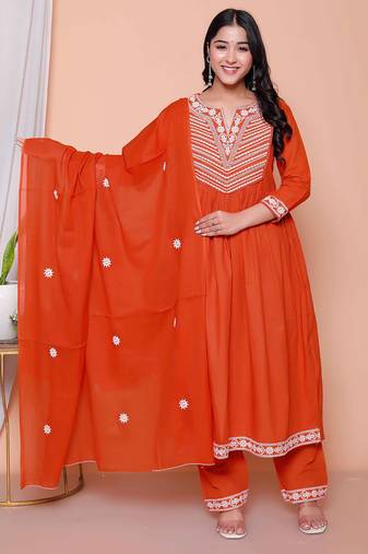  womens floral embroidered rust straight cotton kurta & palazzo with dupatta set