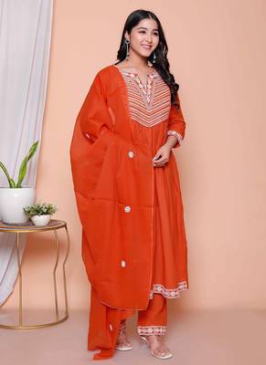  womens floral embroidered rust straight cotton kurta & palazzo with dupatta set 2